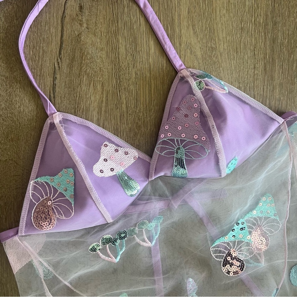 Handmade Y2K Fairycore Cottagecore Mushroom Embellished Halter Babydoll Vest Top - Picture 7 of 10